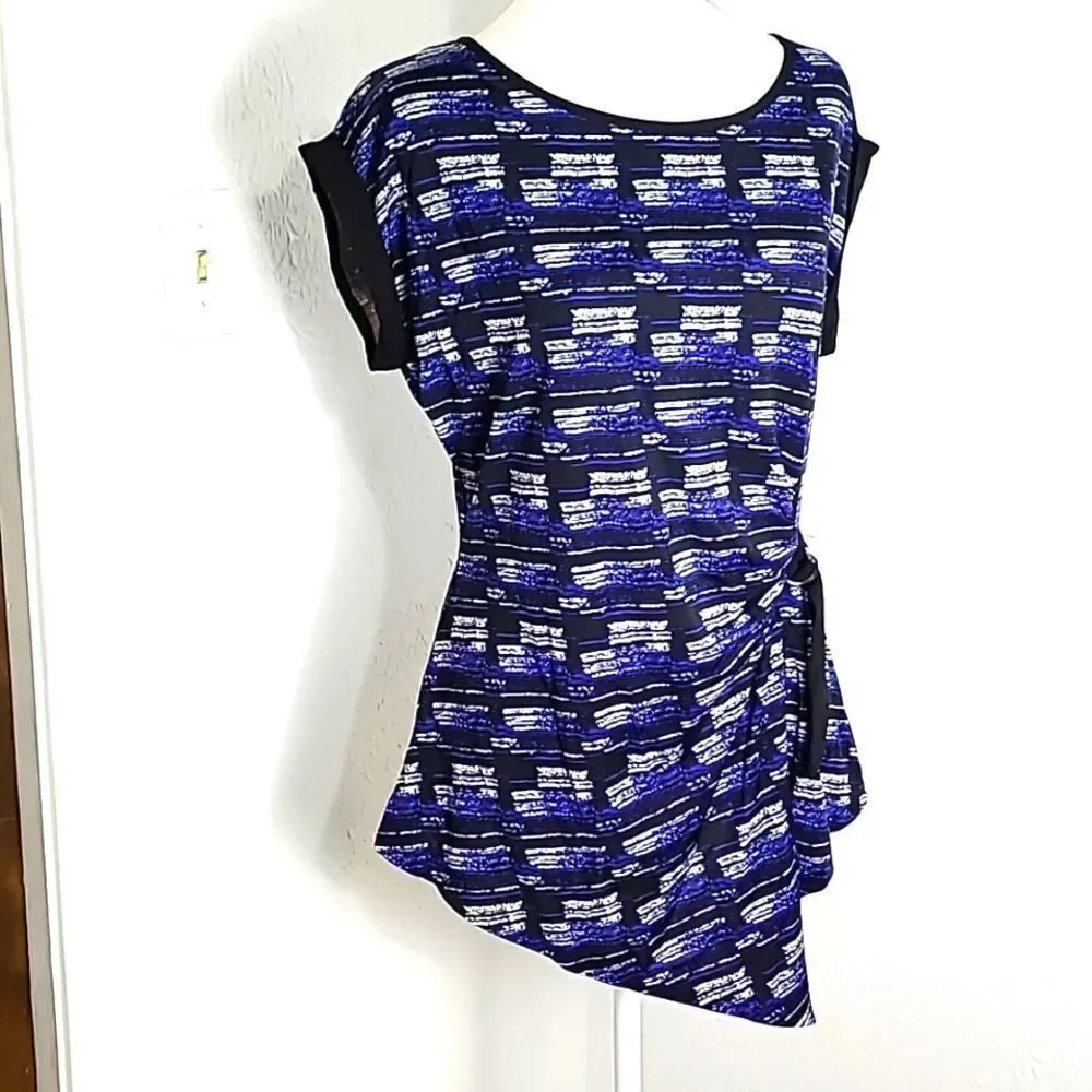 Mandy Evans Navy, Black & White Print Top, Aysemetrical Hem with Belt, Sz Large - Picture 2 of 9